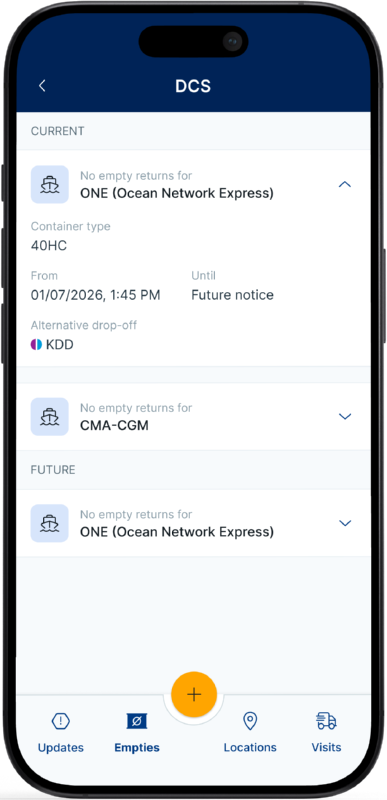 Port Alert app showing empty container details
